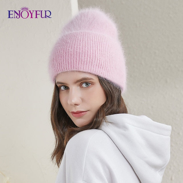Winter hats for women warm long rabbit fur hair female caps fashion solid colors wide cuff young style beanies