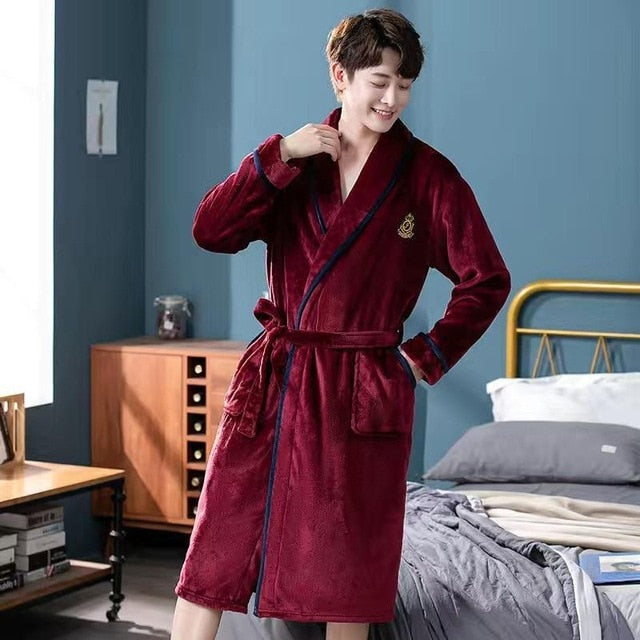 Men Casual Kimono Bathrobe Autumn Winter Flannel Long Robe Thick Warm Sleepwear Plus Size 3XL Nightgown Male Loose Home Wear