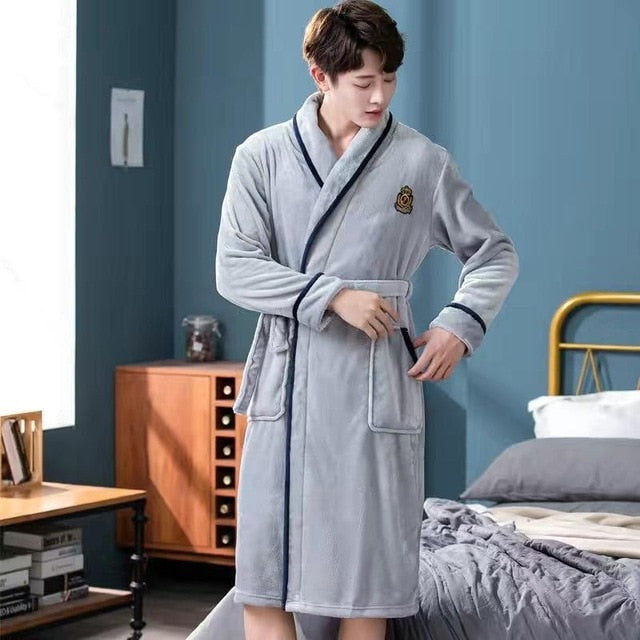 Men Casual Kimono Bathrobe Autumn Winter Flannel Long Robe Thick Warm Sleepwear Plus Size 3XL Nightgown Male Loose Home Wear