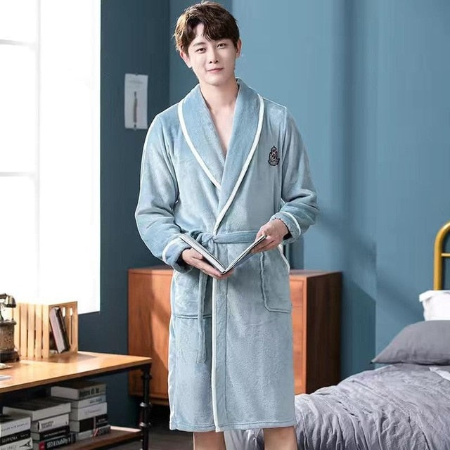 Men Casual Kimono Bathrobe Autumn Winter Flannel Long Robe Thick Warm Sleepwear Plus Size 3XL Nightgown Male Loose Home Wear