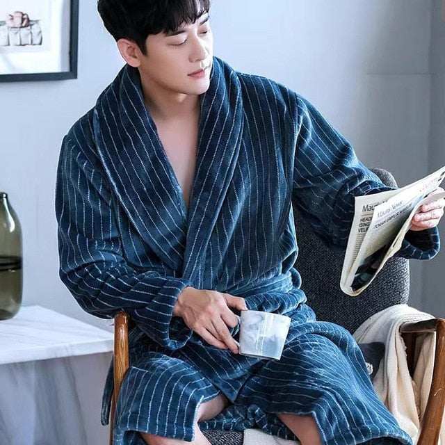 Men Casual Kimono Bathrobe Autumn Winter Flannel Long Robe Thick Warm Sleepwear Plus Size 3XL Nightgown Male Loose Home Wear
