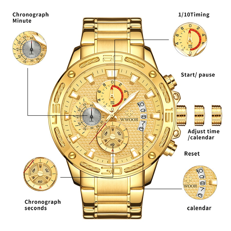 2020 New Men Watches Top Brand Luxury Gold Stainless Steel Quartz Watch Men Waterproof Sport Chronograph Relogio Masculino