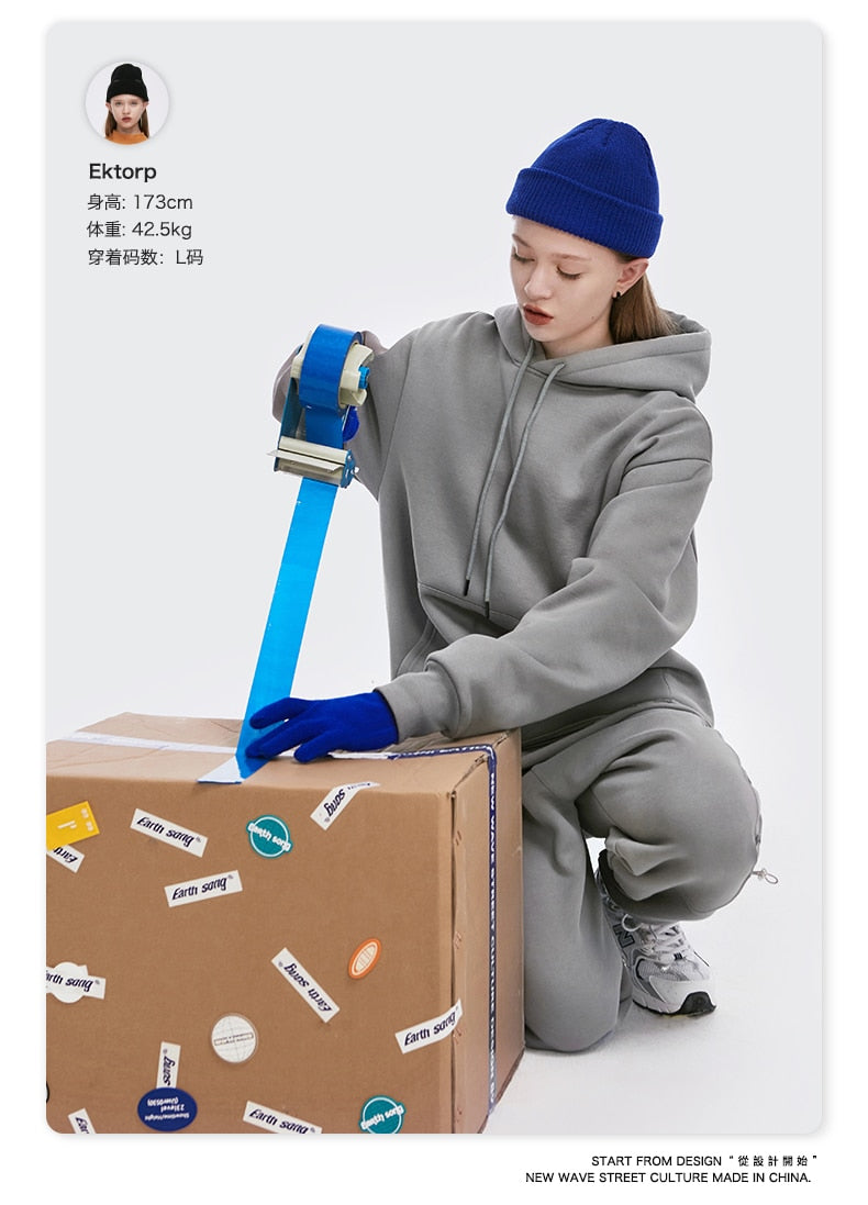 INFLATION Men Solid Color Soft Sweatshirt Set 2020 Winter Warm Fleece Fabric Tracksuit Couple Sweatpant Set Mens Clothing