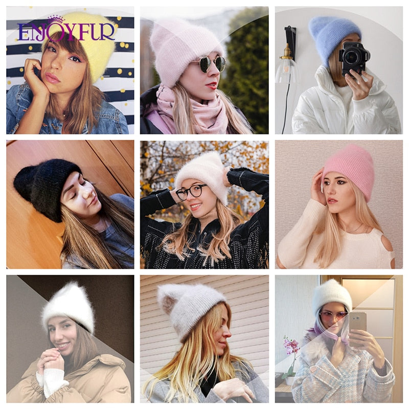 Winter hats for women warm long rabbit fur hair female caps fashion solid colors wide cuff young style beanies