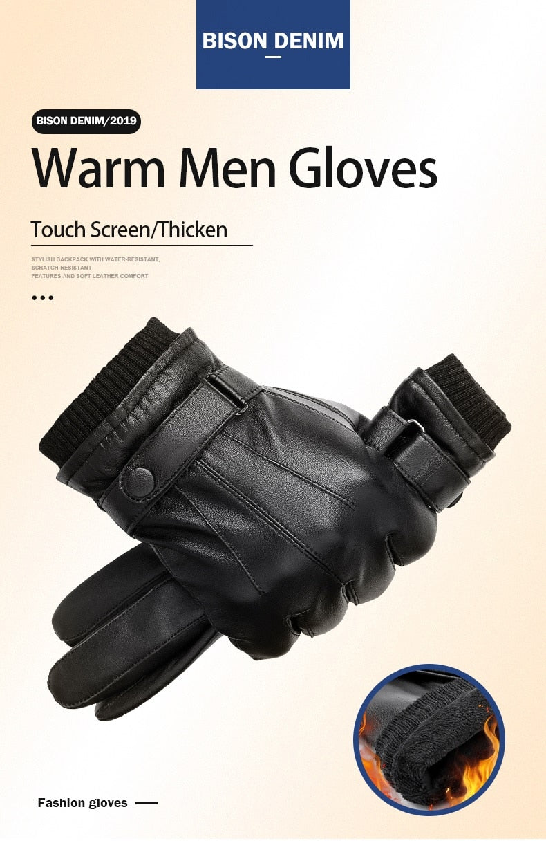 Men Genuine Sheepskin Leather Gloves Autumn Winter Warm Touch Screen Full Finger Black Gloves High Quality S019