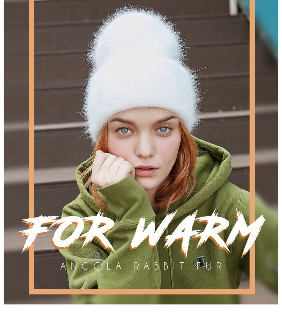 Winter hats for women warm long rabbit fur hair female caps fashion solid colors wide cuff young style beanies