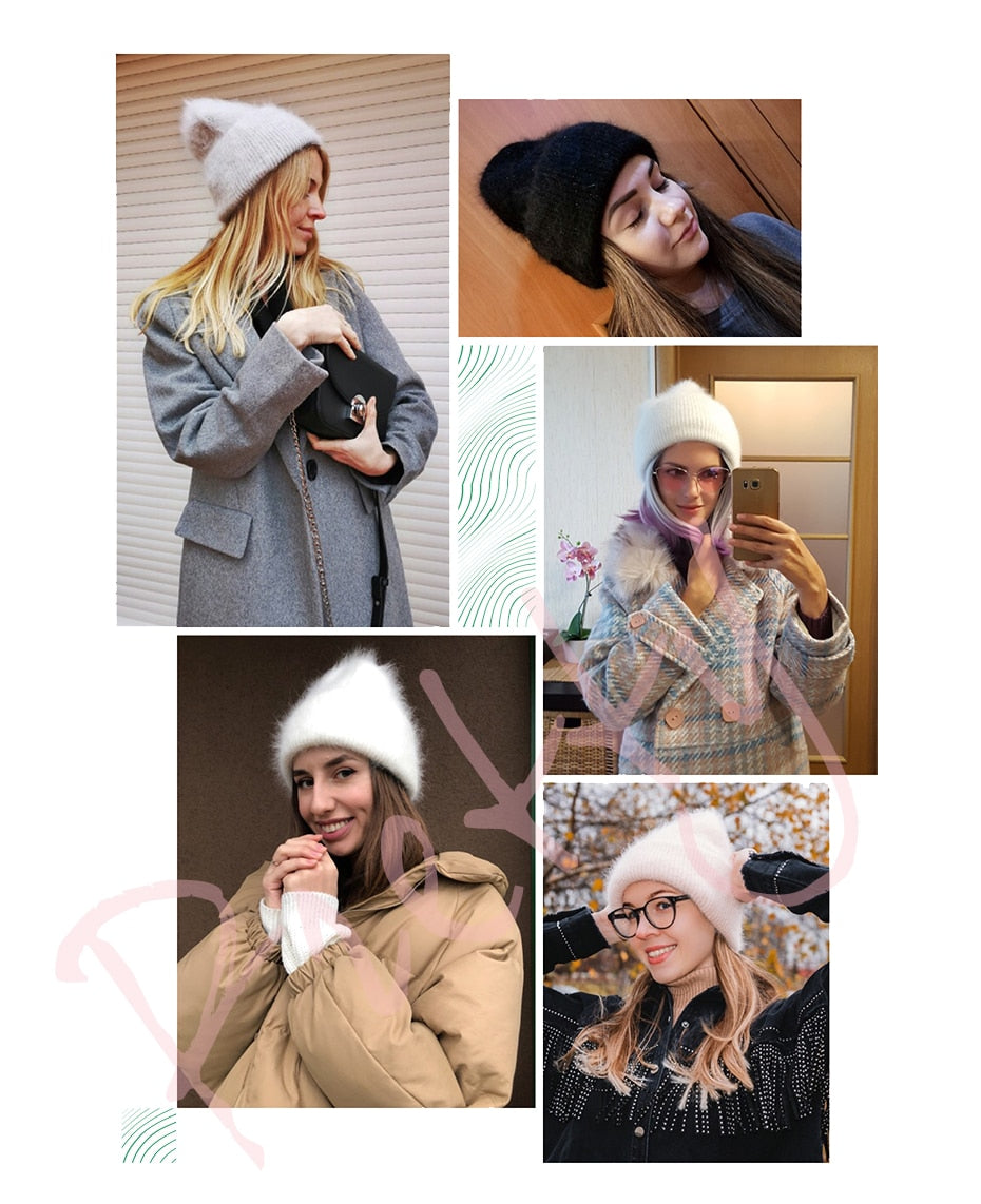 Winter hats for women warm long rabbit fur hair female caps fashion solid colors wide cuff young style beanies