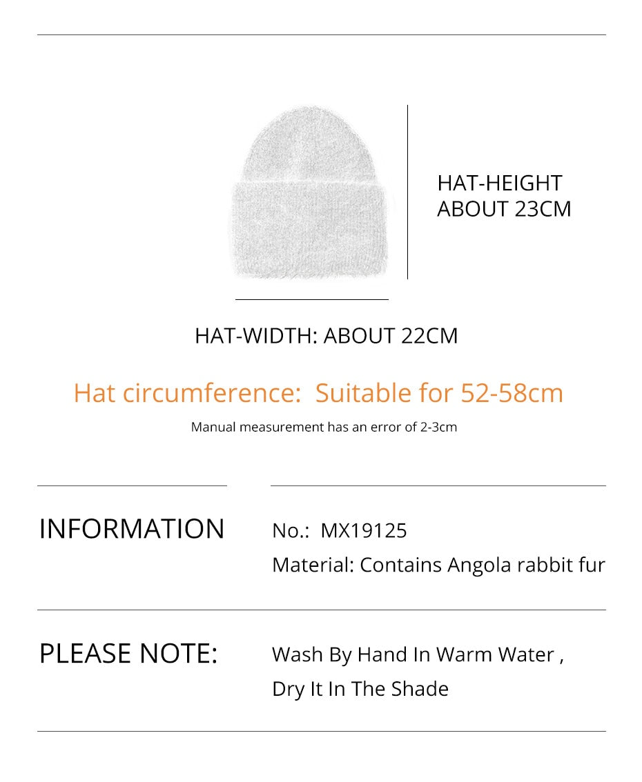 Winter hats for women warm long rabbit fur hair female caps fashion solid colors wide cuff young style beanies