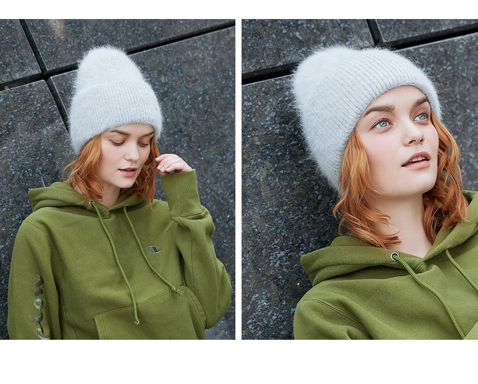Winter hats for women warm long rabbit fur hair female caps fashion solid colors wide cuff young style beanies