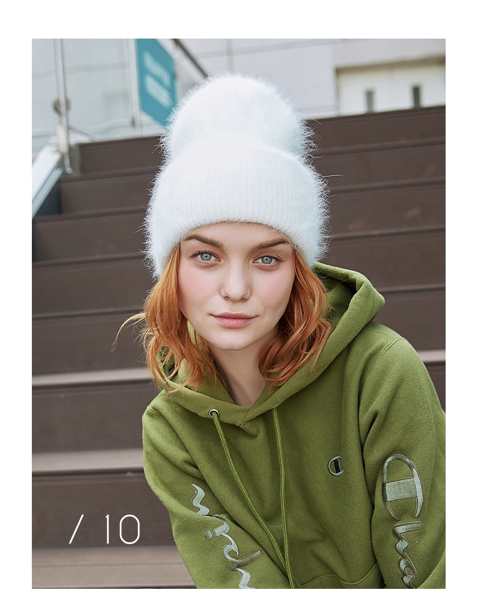 Winter hats for women warm long rabbit fur hair female caps fashion solid colors wide cuff young style beanies