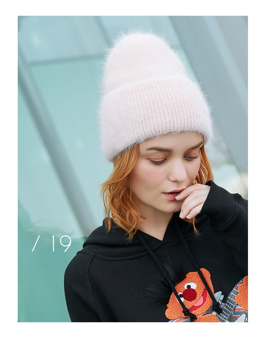Winter hats for women warm long rabbit fur hair female caps fashion solid colors wide cuff young style beanies