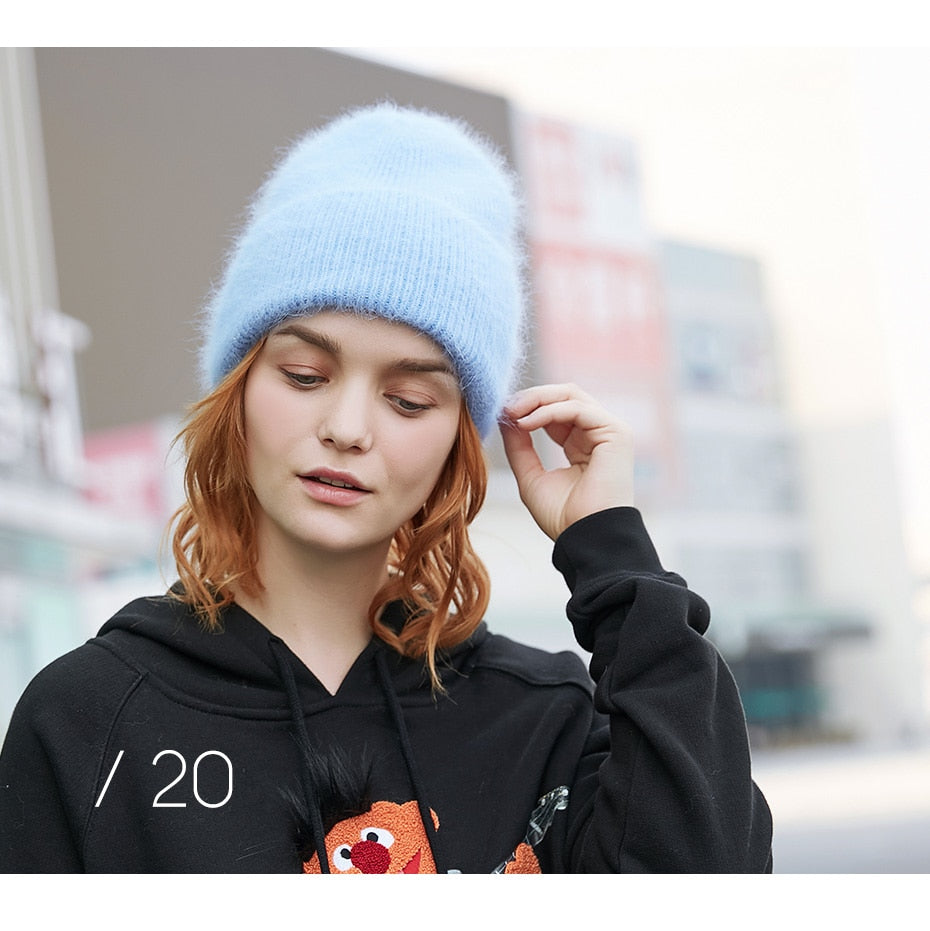 Winter hats for women warm long rabbit fur hair female caps fashion solid colors wide cuff young style beanies