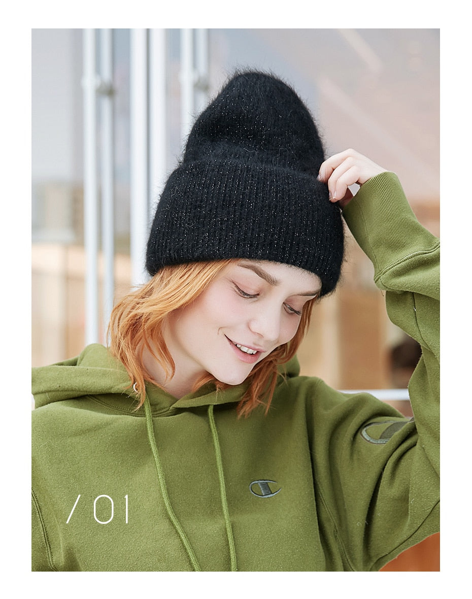 Winter hats for women warm long rabbit fur hair female caps fashion solid colors wide cuff young style beanies