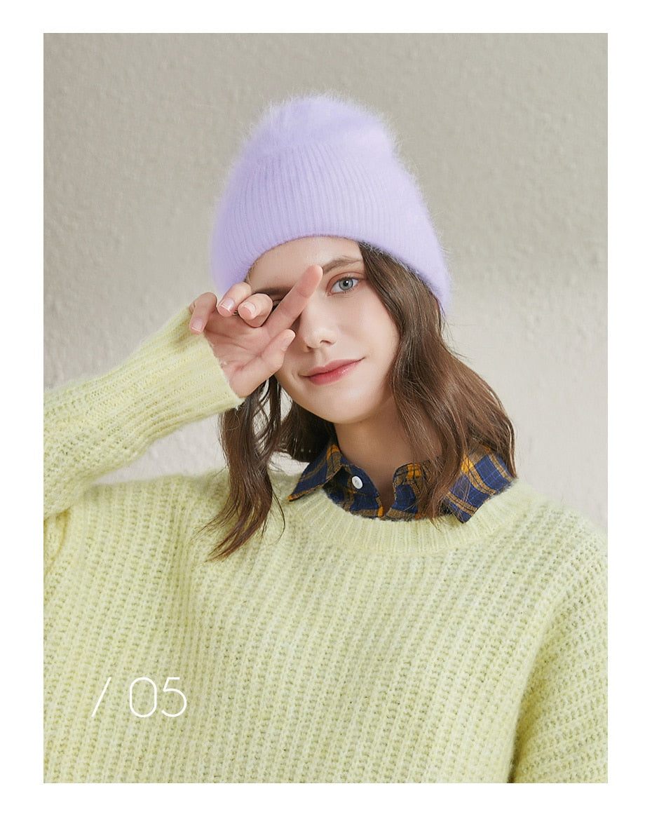 Winter hats for women warm long rabbit fur hair female caps fashion solid colors wide cuff young style beanies