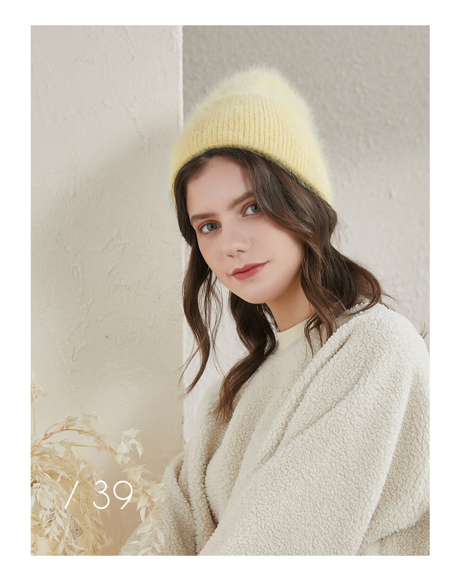 Winter hats for women warm long rabbit fur hair female caps fashion solid colors wide cuff young style beanies