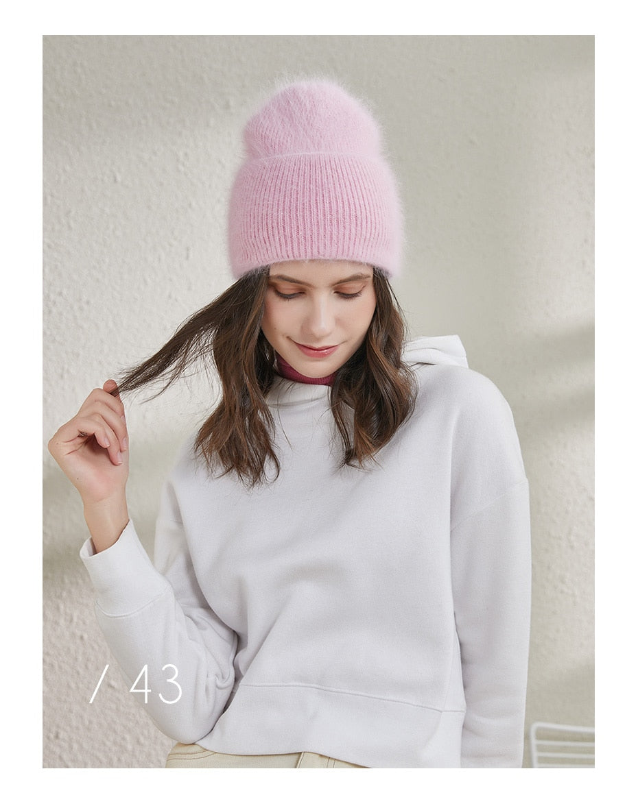 Winter hats for women warm long rabbit fur hair female caps fashion solid colors wide cuff young style beanies