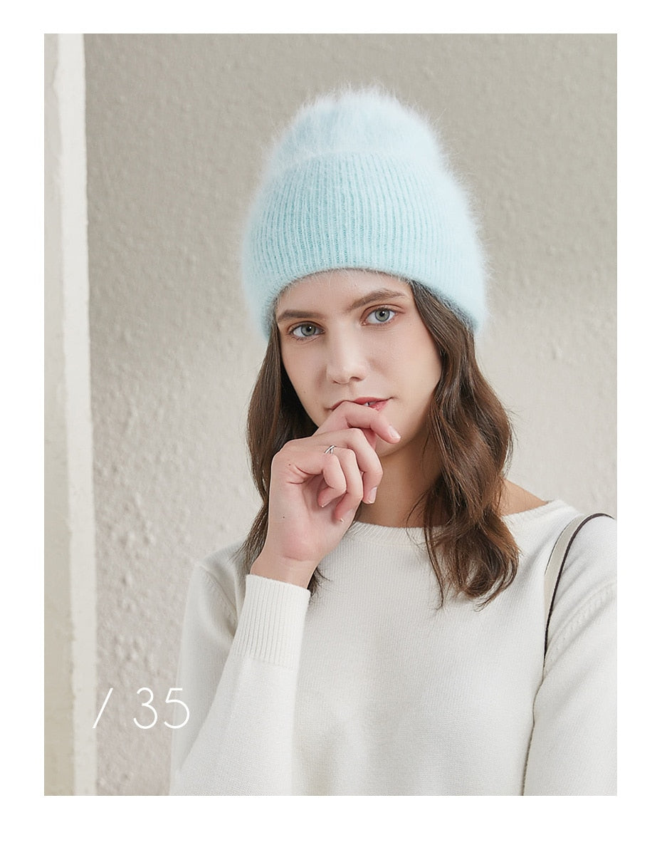 Winter hats for women warm long rabbit fur hair female caps fashion solid colors wide cuff young style beanies