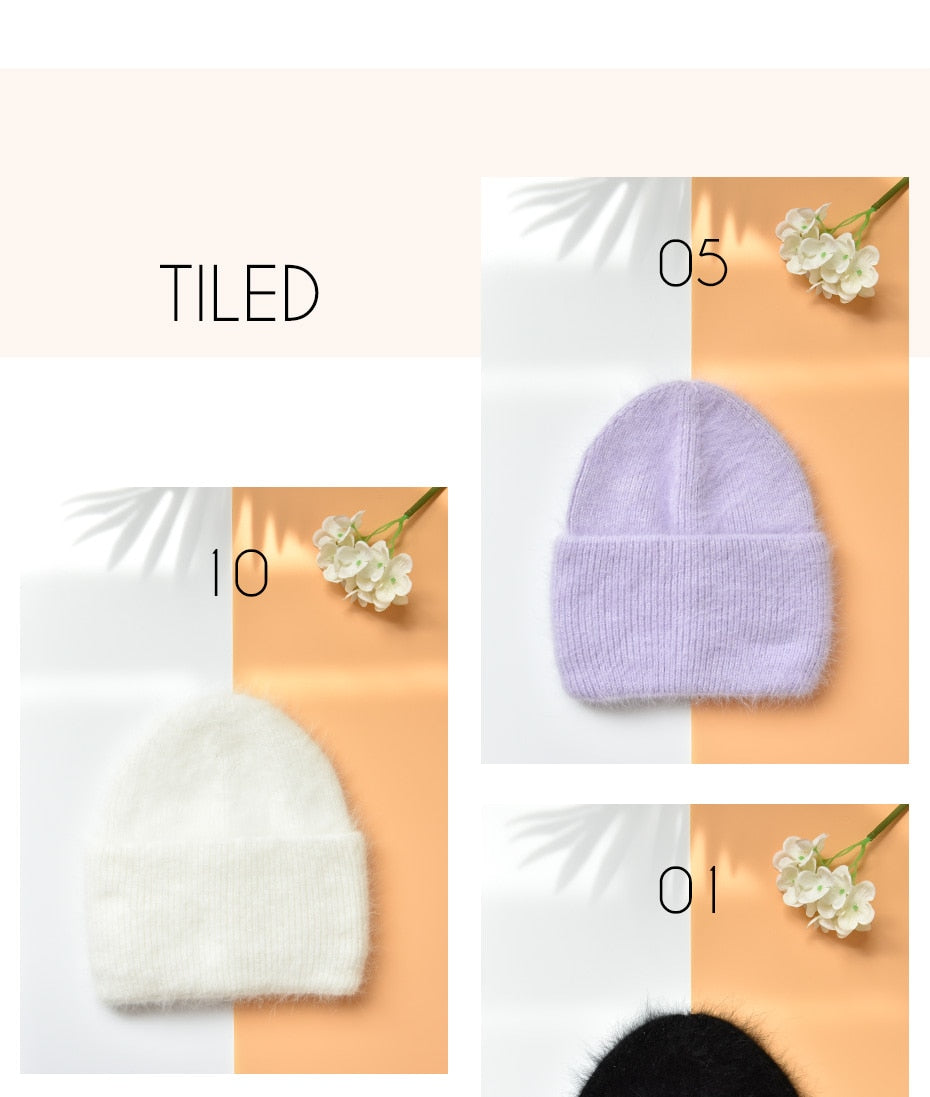 Winter hats for women warm long rabbit fur hair female caps fashion solid colors wide cuff young style beanies