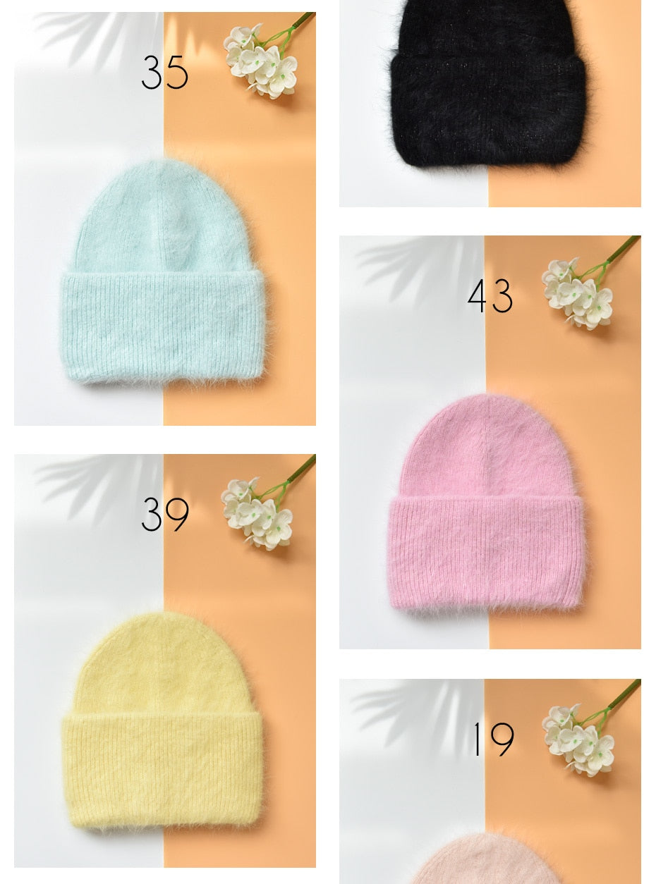 Winter hats for women warm long rabbit fur hair female caps fashion solid colors wide cuff young style beanies