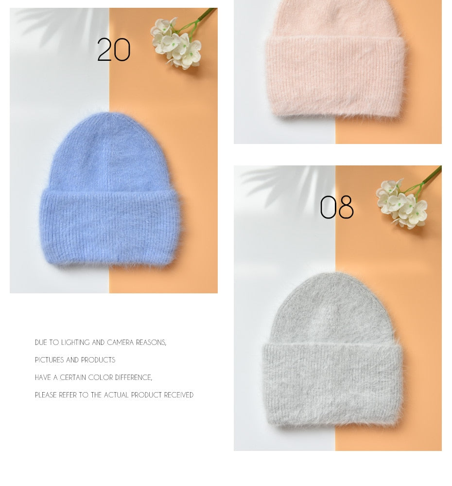 Winter hats for women warm long rabbit fur hair female caps fashion solid colors wide cuff young style beanies
