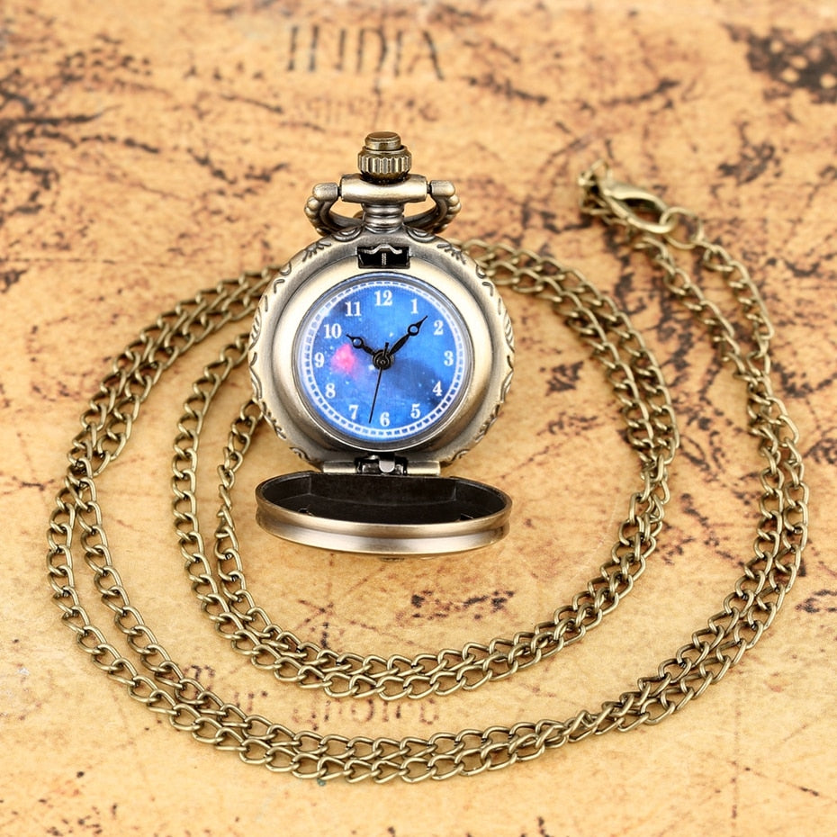 Hot Selling Classic The Little Prince Movie Planet Blue Bronze Vintage Quartz Pocket FOB Watch Popular Gifts for Boys Girls Kids