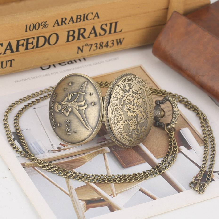 Hot Selling Classic The Little Prince Movie Planet Blue Bronze Vintage Quartz Pocket FOB Watch Popular Gifts for Boys Girls Kids
