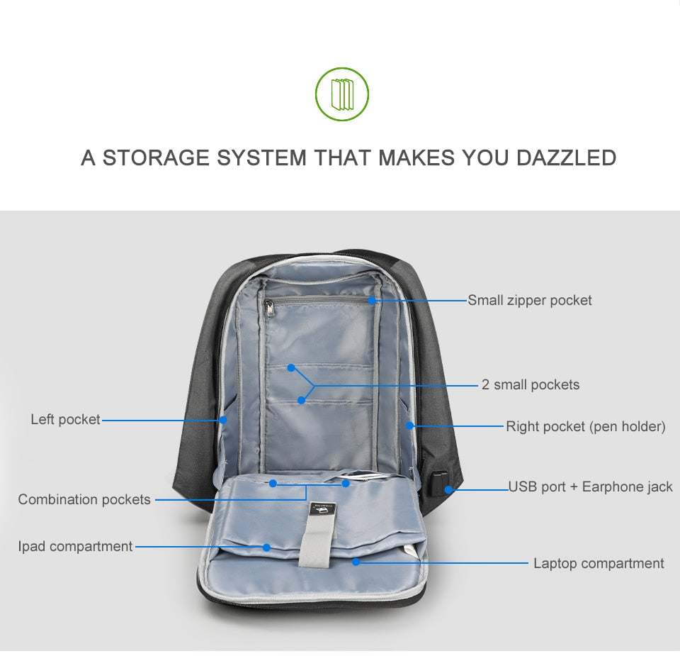 Hidden Anti theft Zipper 15.6 inch Men School Laptop Backpacks Water Repellent Travel 20L Multi USB Charger Male Mochila women