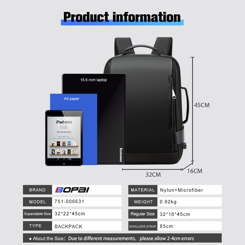 Brand Enlarge Backpack USB External Charge 15.6 Inch Laptop Backpack Shoulders Men Anti-Theft Waterproof Travel Backpack