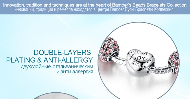 Silver Plated Charm Bracelet & Bangle with Love and Flower Beads Women Wedding Jewelry 4 Colors 18CM 20CM 21CM PA1455