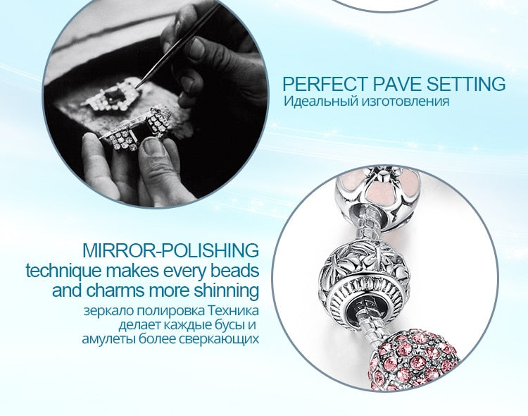 Silver Plated Charm Bracelet & Bangle with Love and Flower Beads Women Wedding Jewelry 4 Colors 18CM 20CM 21CM PA1455