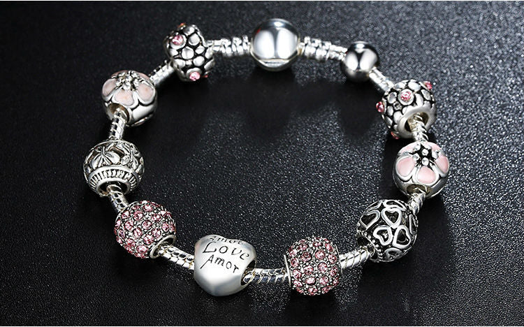 Silver Plated Charm Bracelet & Bangle with Love and Flower Beads Women Wedding Jewelry 4 Colors 18CM 20CM 21CM PA1455