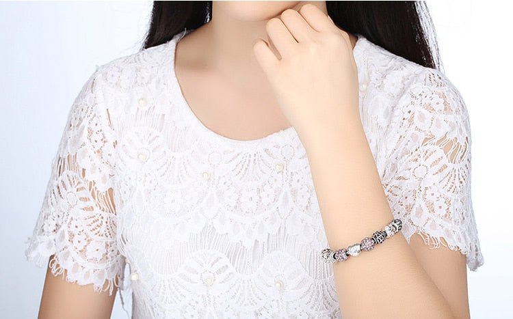 Silver Plated Charm Bracelet & Bangle with Love and Flower Beads Women Wedding Jewelry 4 Colors 18CM 20CM 21CM PA1455