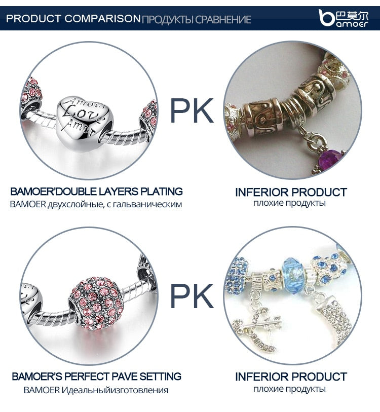 Silver Plated Charm Bracelet & Bangle with Love and Flower Beads Women Wedding Jewelry 4 Colors 18CM 20CM 21CM PA1455