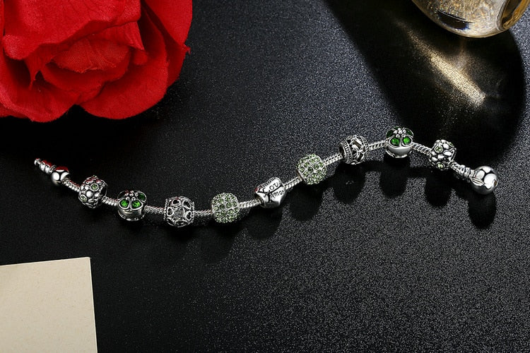 Silver Plated Charm Bracelet & Bangle with Love and Flower Beads Women Wedding Jewelry 4 Colors 18CM 20CM 21CM PA1455