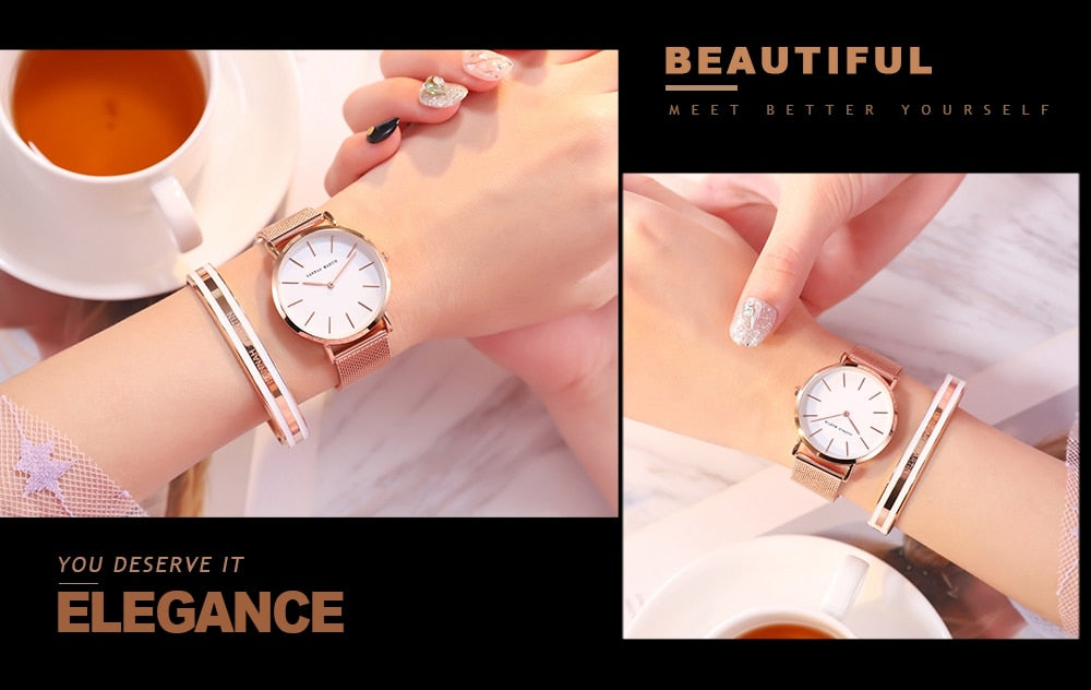 Women Watch 1 set Bracelet Japan Quartz Movement Simple Waterproof Rose Gold Stainless Steel Mesh Ladies watch relogio feminino