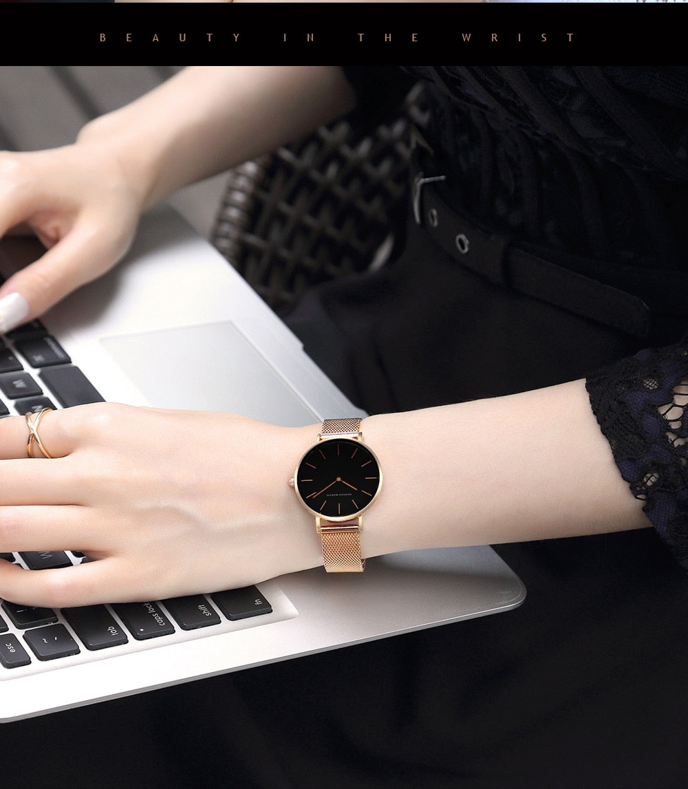 Women Watch 1 set Bracelet Japan Quartz Movement Simple Waterproof Rose Gold Stainless Steel Mesh Ladies watch relogio feminino