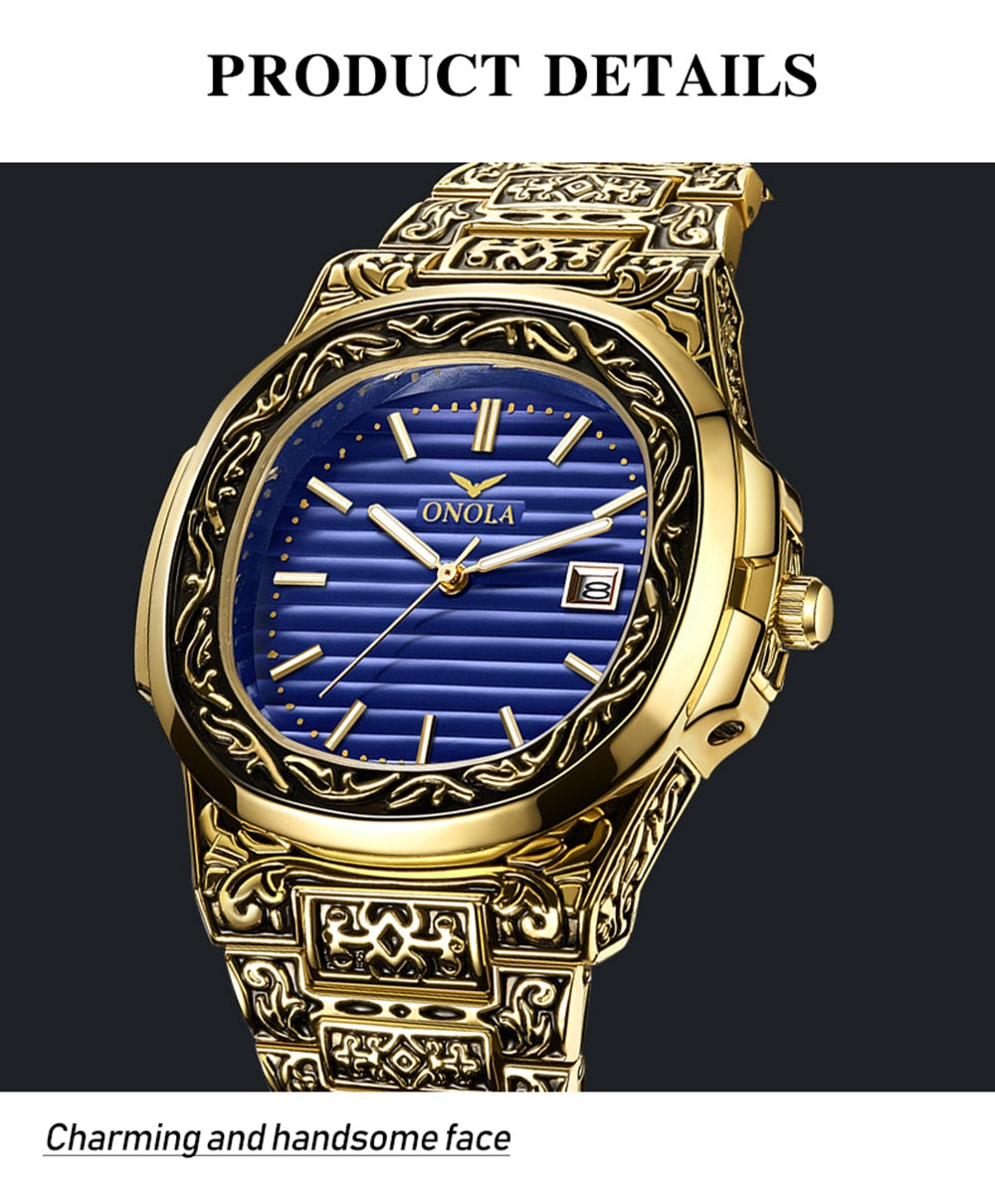 Fashion quartz watch men Brand ONOLA luxury Retro golden stainless steel watch men gold mens watch reloj hombre