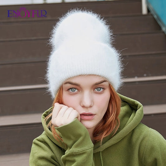 Winter hats for women warm long rabbit fur hair female caps fashion solid colors wide cuff young style beanies