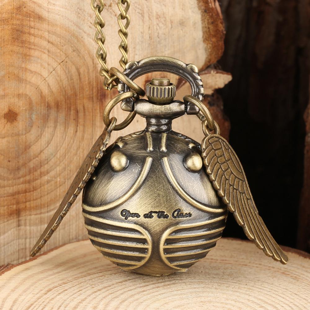 Retro Snitch Ball Shaped Potter Quartz Pocket Watch Fashion Sweater Angel Wings Necklace Chain Gifts for kids Anime Accessories