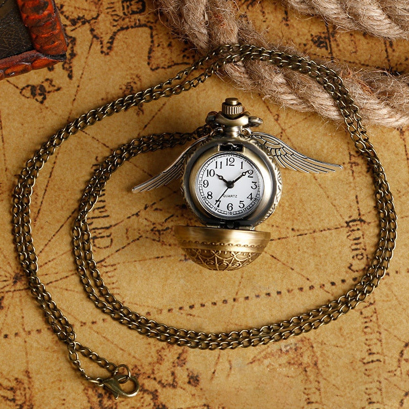 Retro Snitch Ball Shaped Potter Quartz Pocket Watch Fashion Sweater Angel Wings Necklace Chain Gifts for kids Anime Accessories