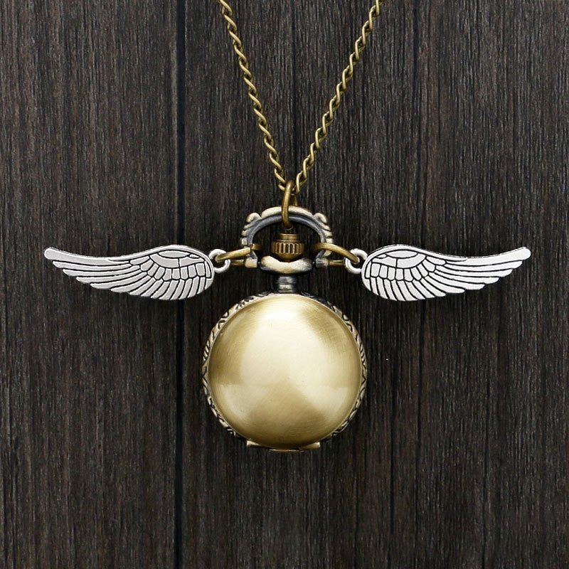 Retro Snitch Ball Shaped Potter Quartz Pocket Watch Fashion Sweater Angel Wings Necklace Chain Gifts for kids Anime Accessories
