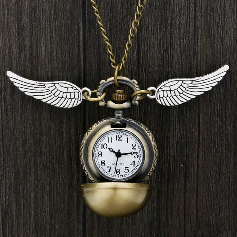 Retro Snitch Ball Shaped Potter Quartz Pocket Watch Fashion Sweater Angel Wings Necklace Chain Gifts for kids Anime Accessories