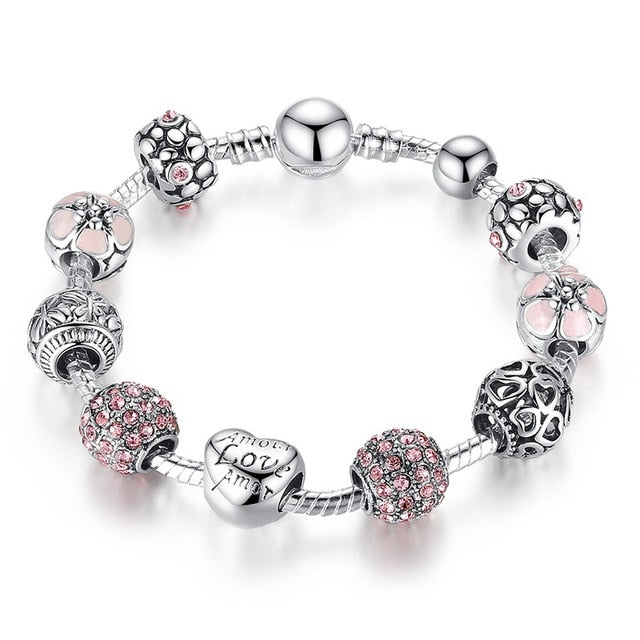 Silver Plated Charm Bracelet & Bangle with Love and Flower Beads Women Wedding Jewelry 4 Colors 18CM 20CM 21CM PA1455