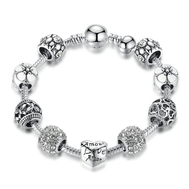 Silver Plated Charm Bracelet & Bangle with Love and Flower Beads Women Wedding Jewelry 4 Colors 18CM 20CM 21CM PA1455