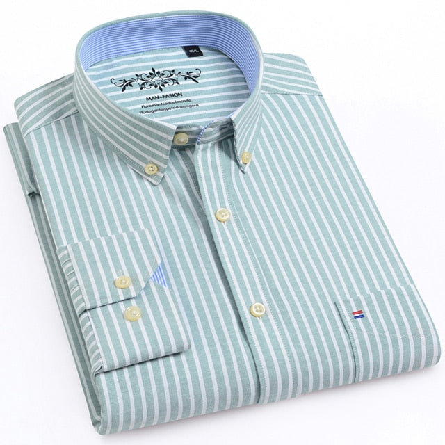 Men's Long Sleeve Oxford Plaid Striped Casual Shirt Front Patch Chest Pocket Regular-fit Button-down Collar Thick Work Shirts