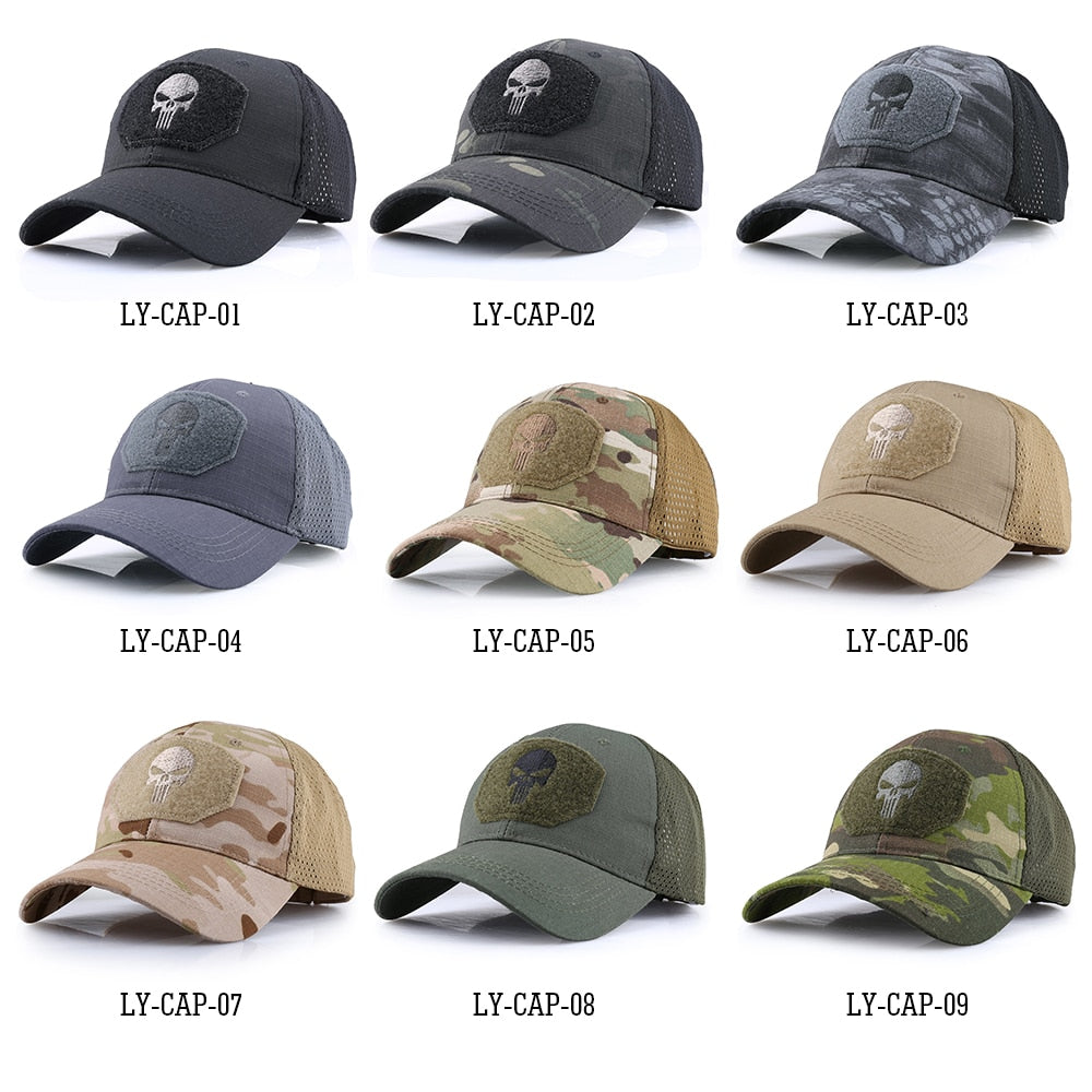 Skull Tactical Military Airsoft Cap Adjustable Breathable Sun Visor Trucker Hat Mesh Hunting Hiking Baseball Skeleton Snapback