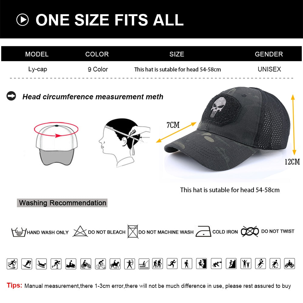 Skull Tactical Military Airsoft Cap Adjustable Breathable Sun Visor Trucker Hat Mesh Hunting Hiking Baseball Skeleton Snapback