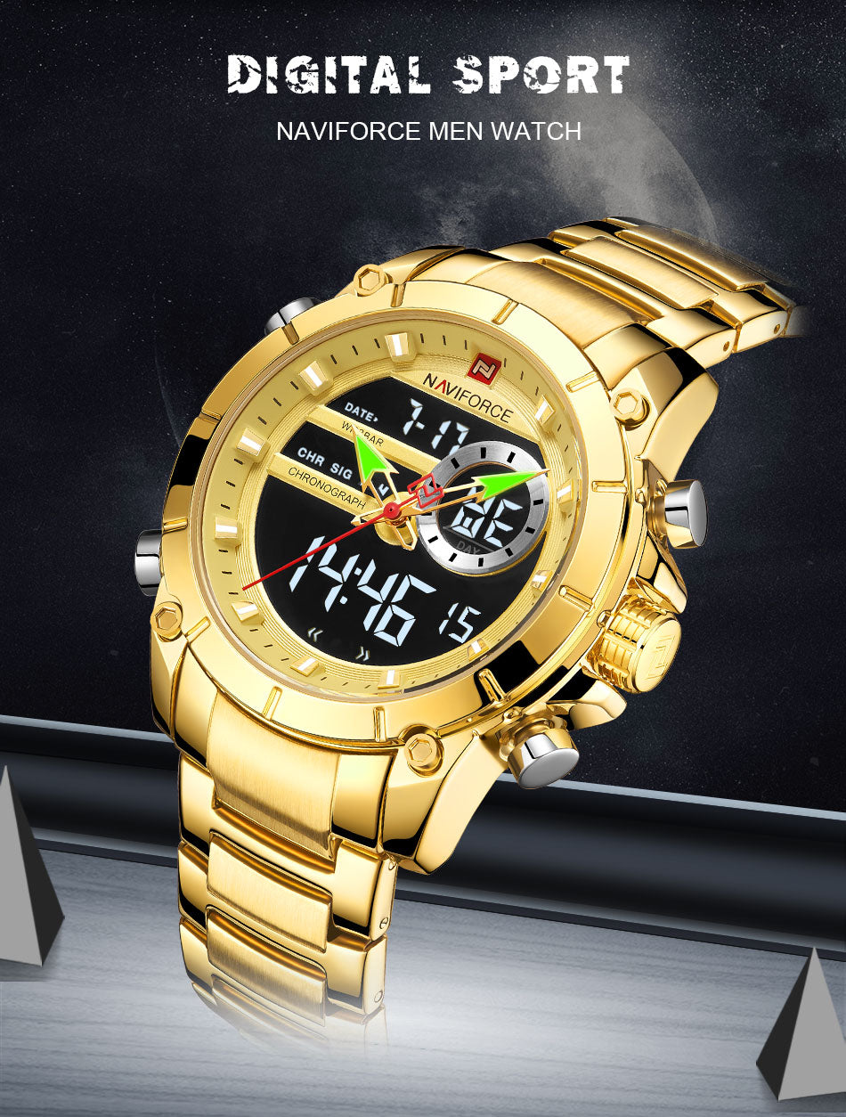 Men Military Sport Wrist Watch Gold Quartz Steel Waterproof Dual Display Male Clock Watches Relogio Masculino 9163