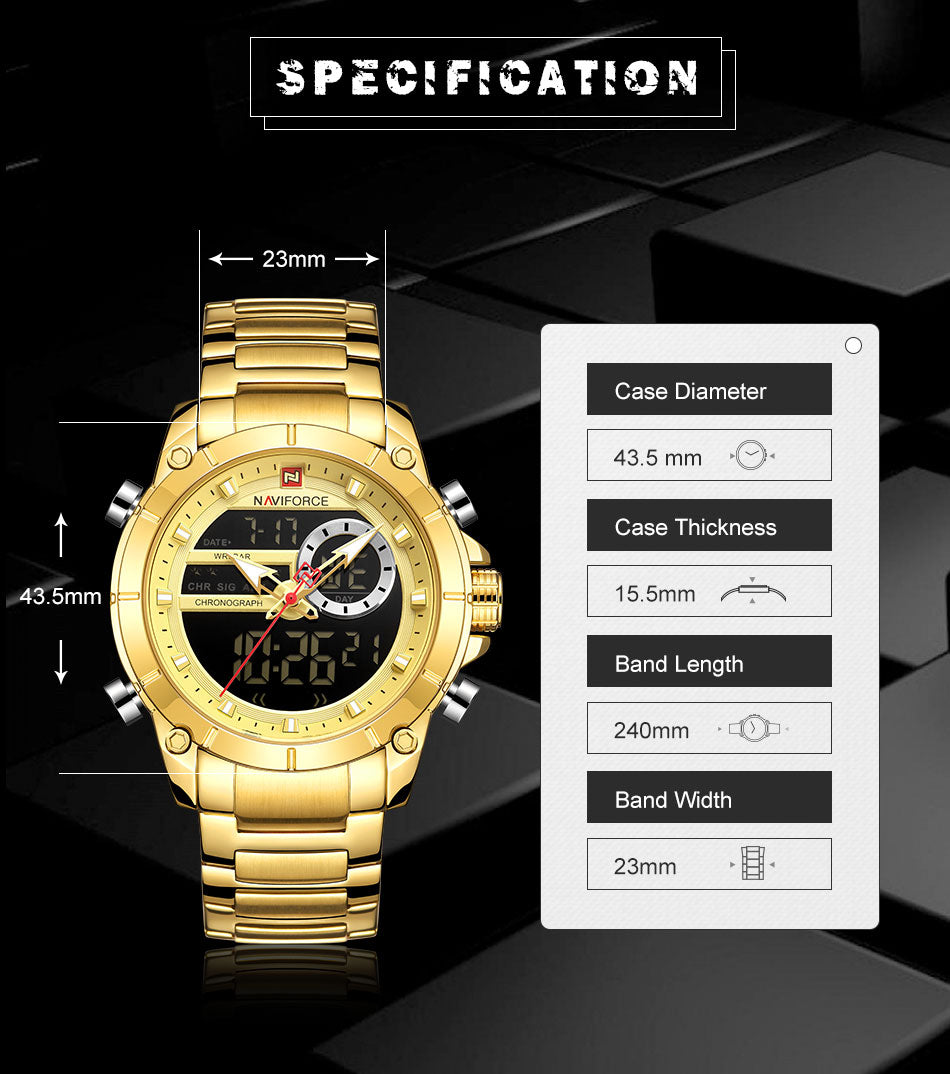 Men Military Sport Wrist Watch Gold Quartz Steel Waterproof Dual Display Male Clock Watches Relogio Masculino 9163
