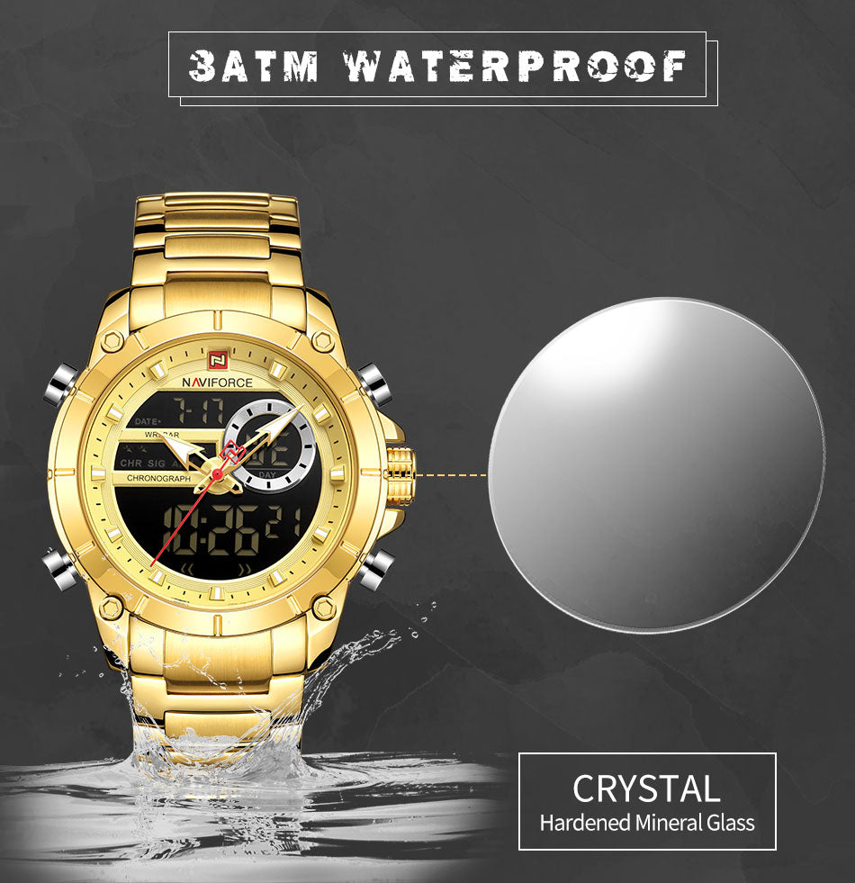 Men Military Sport Wrist Watch Gold Quartz Steel Waterproof Dual Display Male Clock Watches Relogio Masculino 9163